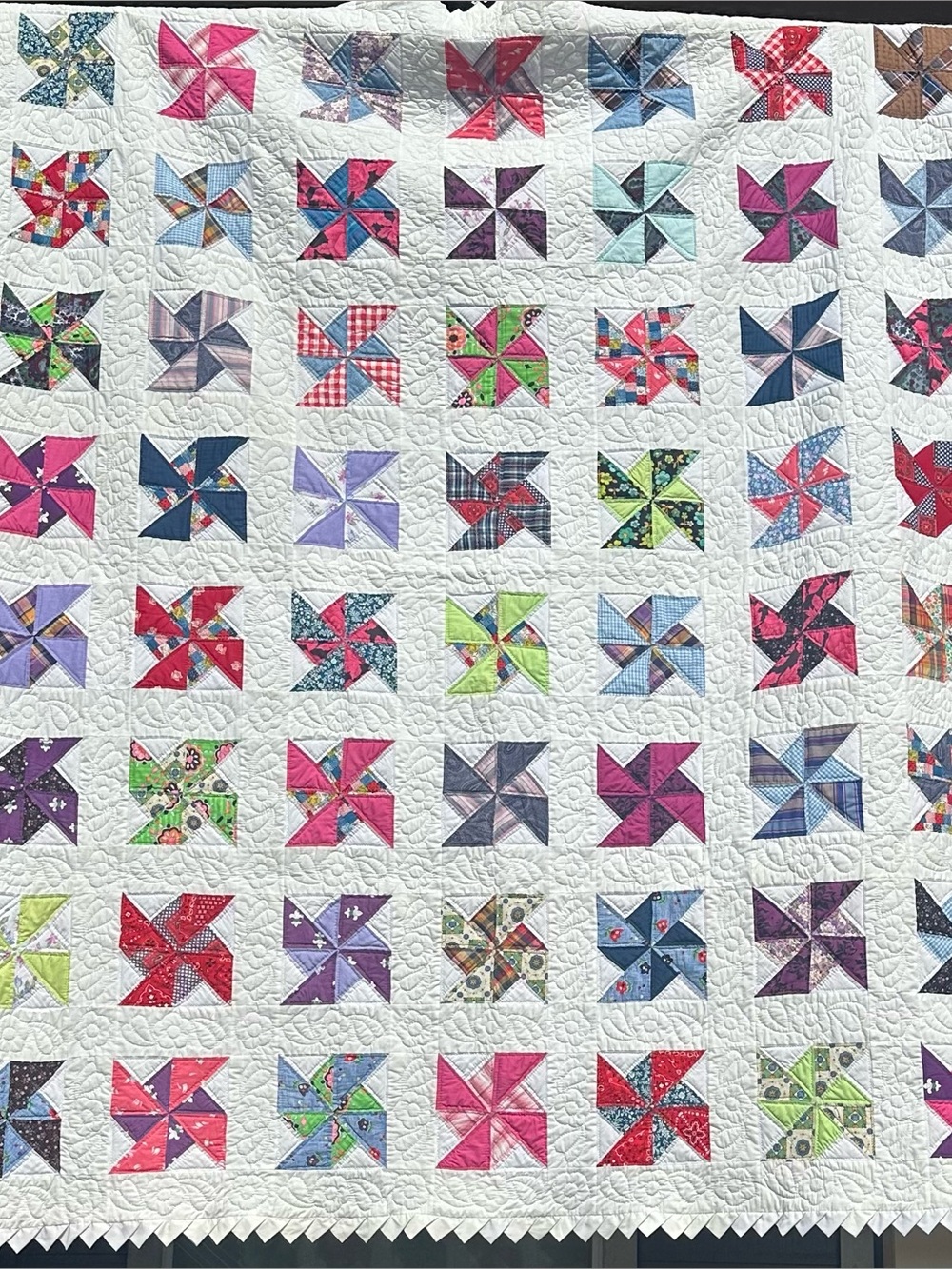 Vintage Handmade Pinwheel Quilt Full Queen 83x94 Prairie Point Hand Quilted